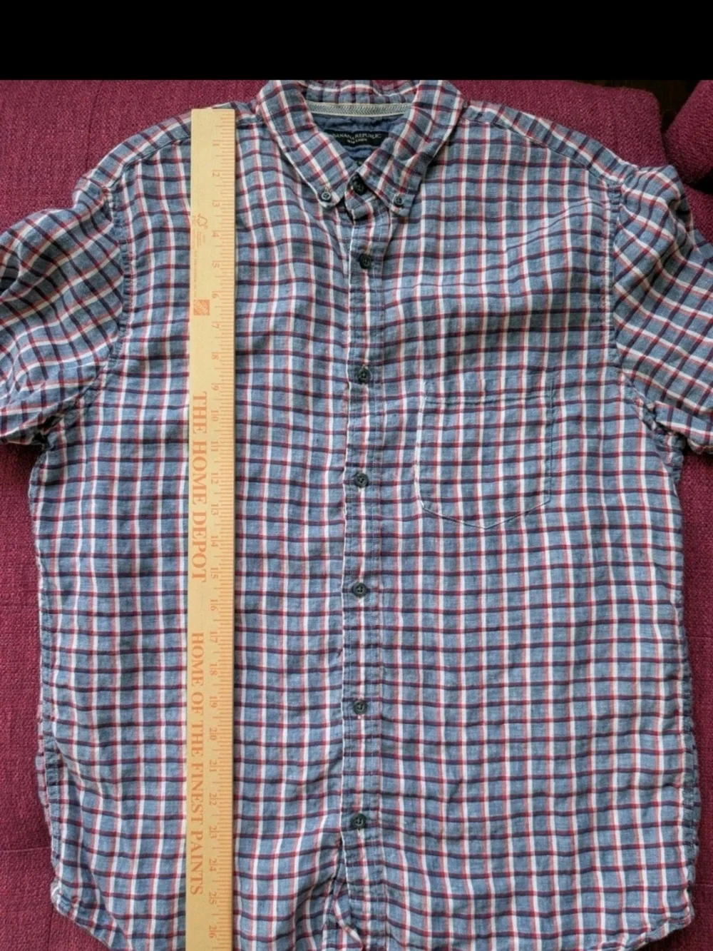 Banana Republic Linen Short Sleeve Shirt Mens L Blue Red White Plaid Camden Fit